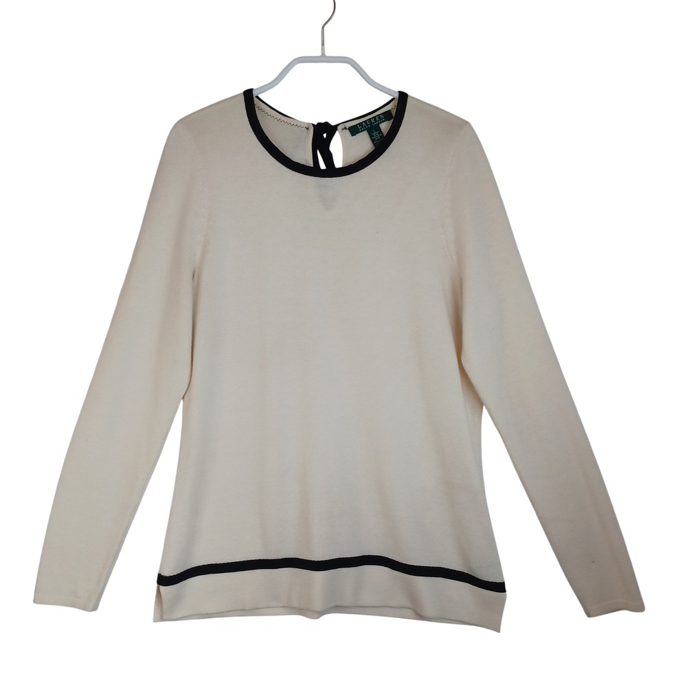 Lauren Ralph Lauren Cream Black Ribbon Tie Back Knit Sweater Top Large
